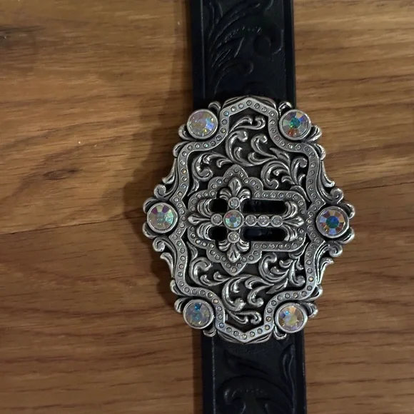 Tony Lama Swarovski Crystal Concho Cross Black Tooled Leather Belt Sz. 36